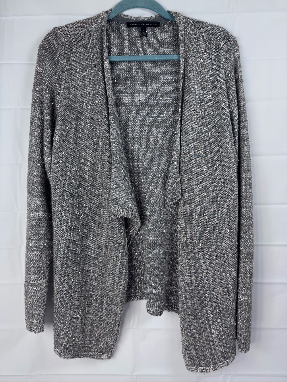 White House Black Market L Gray Sequin Open Front Knit Cardigan